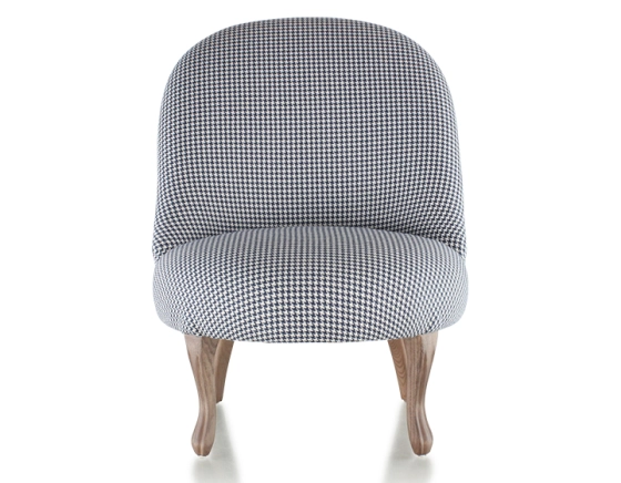 Fauteuil crapaud sans accoudoirs pieds bois teinte noyer et tissu pied-de-poule bleu et blanc