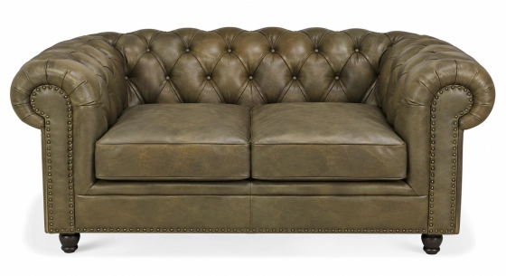 Sofá Chesterfield de piel 2 plazas verde oliva reposabrazos con tachuelas