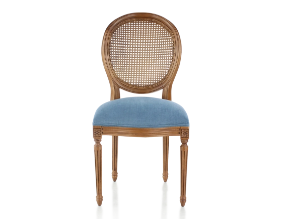 Antique Louis XVI style chair wood stained old style caned back seat blue jeans fabric