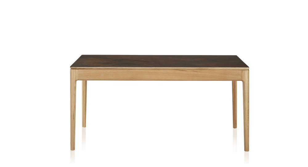 Table extensible 6 à 10 personnes en chêne et céramique allonges bois avec bois teinte naturelle et plateau céramique brun oxydé 160x90 cm Table extensible 6 à 10 personnes en chêne et céramique allonges bois avec bois teinte naturelle et plateau céramique brun oxydé 160x90 cm