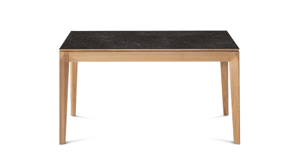Table extensible en chêne et céramique 6 à 10 personnes allonges céramique avec bois teinte naturelle et plateau et allonges céramique effet ardoise 140x90 cm