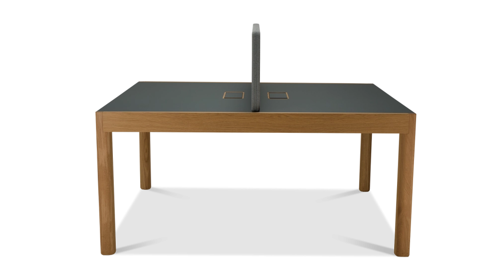 Bureau bench 2 postes chêne teinte naturelle plateau fenix vert foncé 140x160 Bureau bench 2 postes chêne teinte naturelle plateau fenix vert foncé 140x160