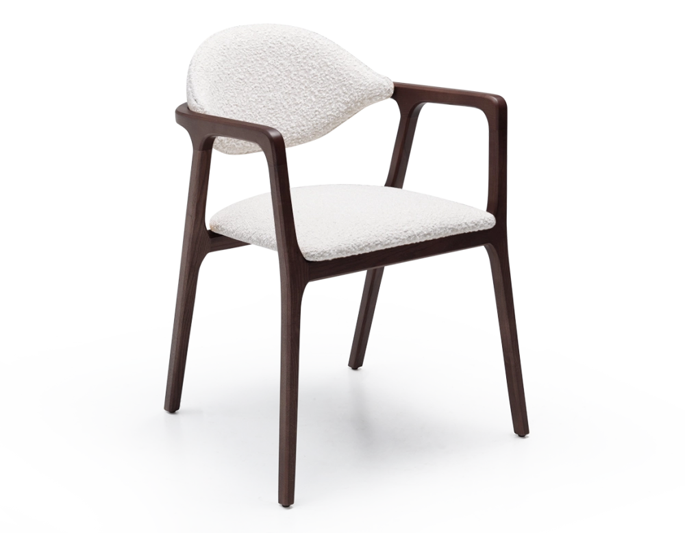 Designer armchair dark brown stained wood and white bouclé fabric. Designer armchair dark brown stained wood and white bouclé fabric.