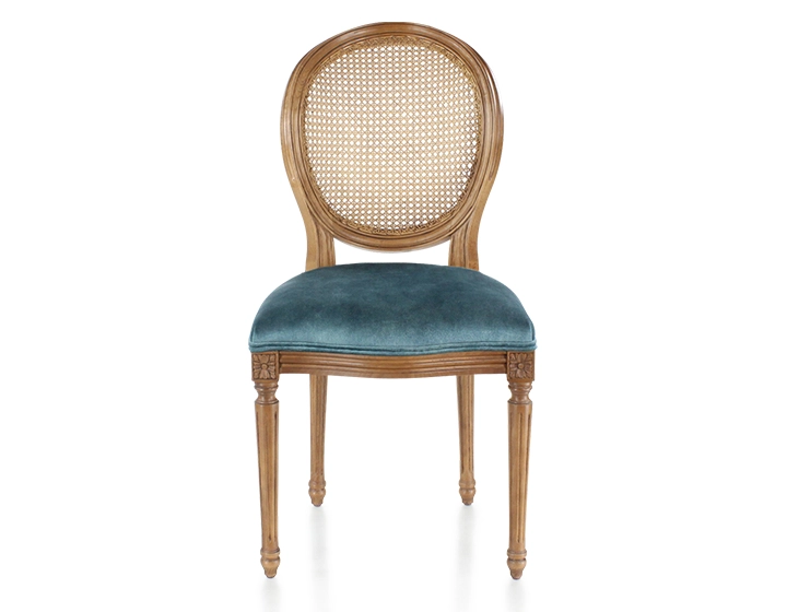 Chaise ancienne style Louis XVI bois teinte ancienne dossier canné assise tissu velours bleu pétrole Chaise ancienne style Louis XVI bois teinte ancienne dossier canné assise tissu velours bleu pétrole