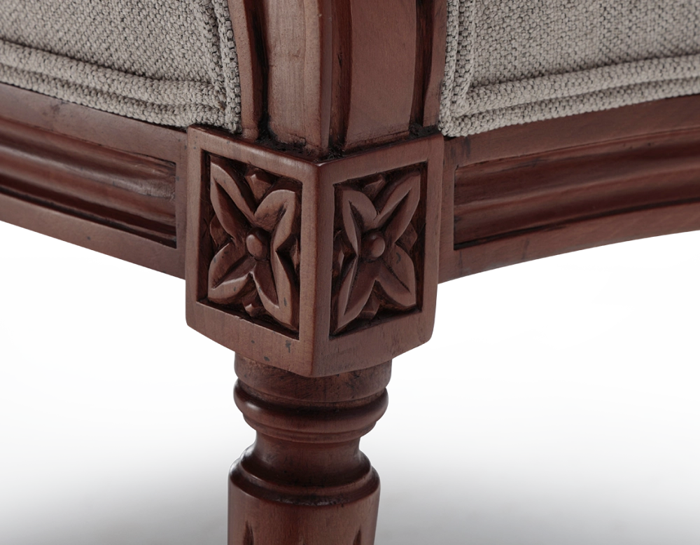 Louis XVI style bergère armchair wood antique stain and natural beige fabric Louis XVI style bergère armchair wood antique stain and natural beige fabric