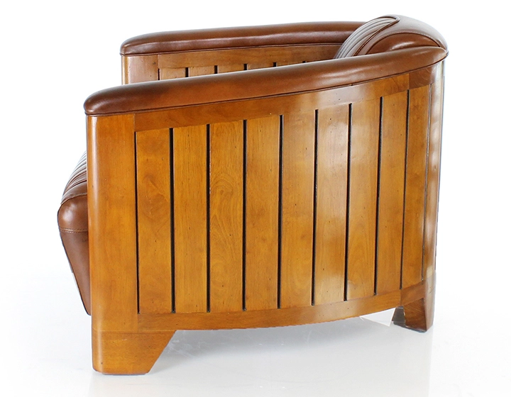 Fauteuil club bois et cuir marron vintage Fauteuil club bois et cuir marron vintage