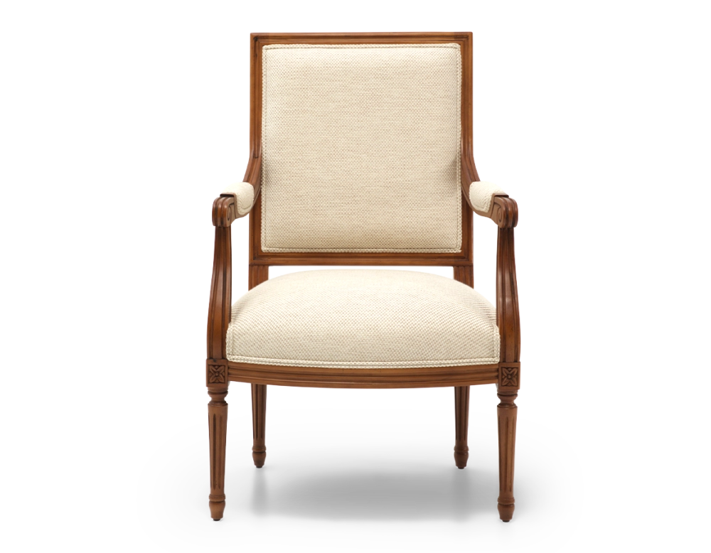 Fauteuil ancien style Louis XVI bois teinte ancienne et tissu chiné beige Fauteuil ancien style Louis XVI bois teinte ancienne et tissu chiné beige