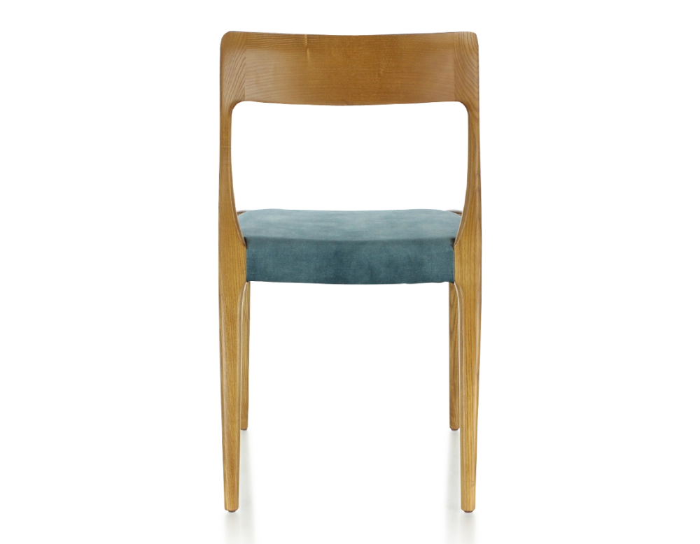 Chaise scandinave bois teinte merisier assise tissu velours bleu pétrole Chaise scandinave bois teinte merisier assise tissu velours bleu pétrole