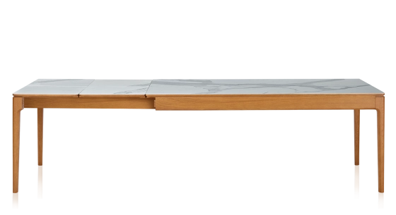 Table extensible 8 à 12 personnes en chêne et céramique allonges céramique avec bois teinte merisier et plateau et allonges céramique effet marbre blanc 160x100 cm