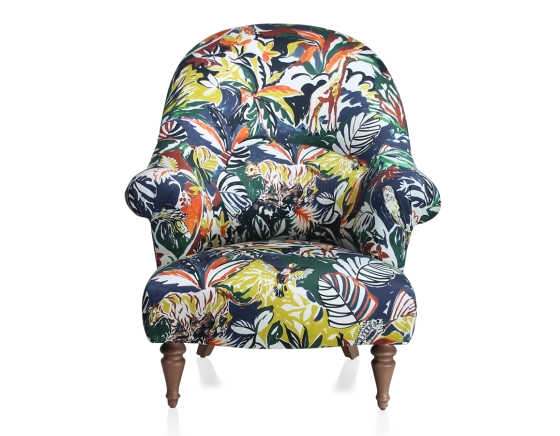 Fauteuil crapaud avec accoudoirs pieds bois teinte noyer et tissu jungle haut dossier