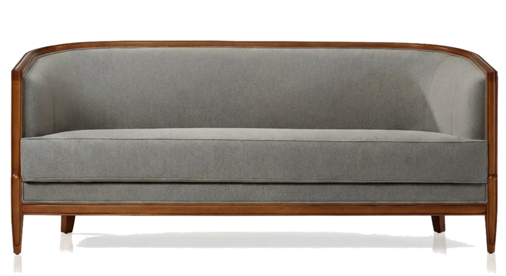 Canapé ancien 3 places accoudoirs moulurés bois teinte ancienne et tissu gris clair