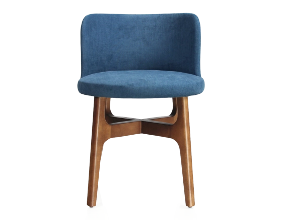 Chaise design bois teinte merisier assise tissu bleu jean