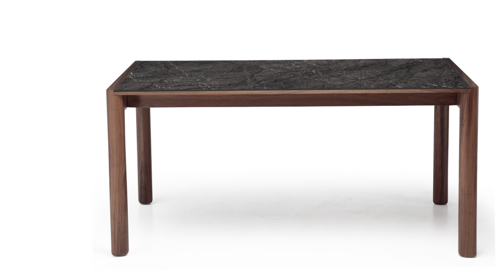 Extending table for 8 to 14 people in walnut and ceramic with ceramic extensions natural wood finish and grey marble-effect ceramic 210x100 cm Extending table for 8 to 14 people in walnut and ceramic with ceramic extensions natural wood finish and grey marble-effect ceramic 210x100 cm