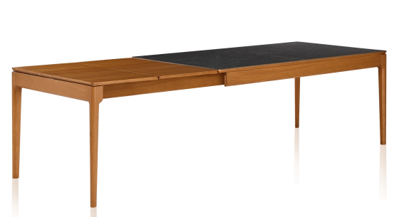 Table extensible 8 à 12 personnes en chêne et céramique allonges bois avec bois teinte merisier et plateau céramique effet ardoise 210x90 cm