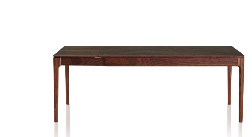 Table extensible en noyer et céramique allonges céramique avec bois teinte naturelle et plateau et allonges céramique brun oxydé 140x100 cm