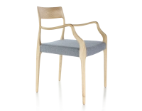 Scandinavian armchair with armrests natural stained wood, blue chevron fabric seat Scandinavian armchair with armrests natural stained wood, blue chevron fabric seat