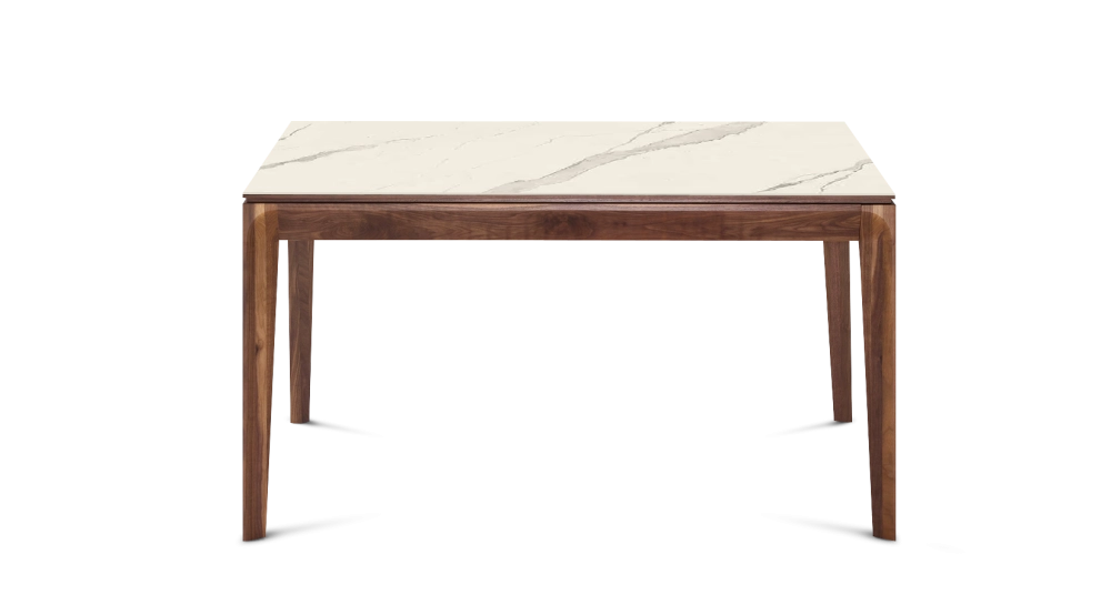 Table extensible 8 à 12 personnes en noyer et céramique allonges céramique avec bois teinte naturelle et plateau et allonges céramique effet marbre blanc 180x100 cm