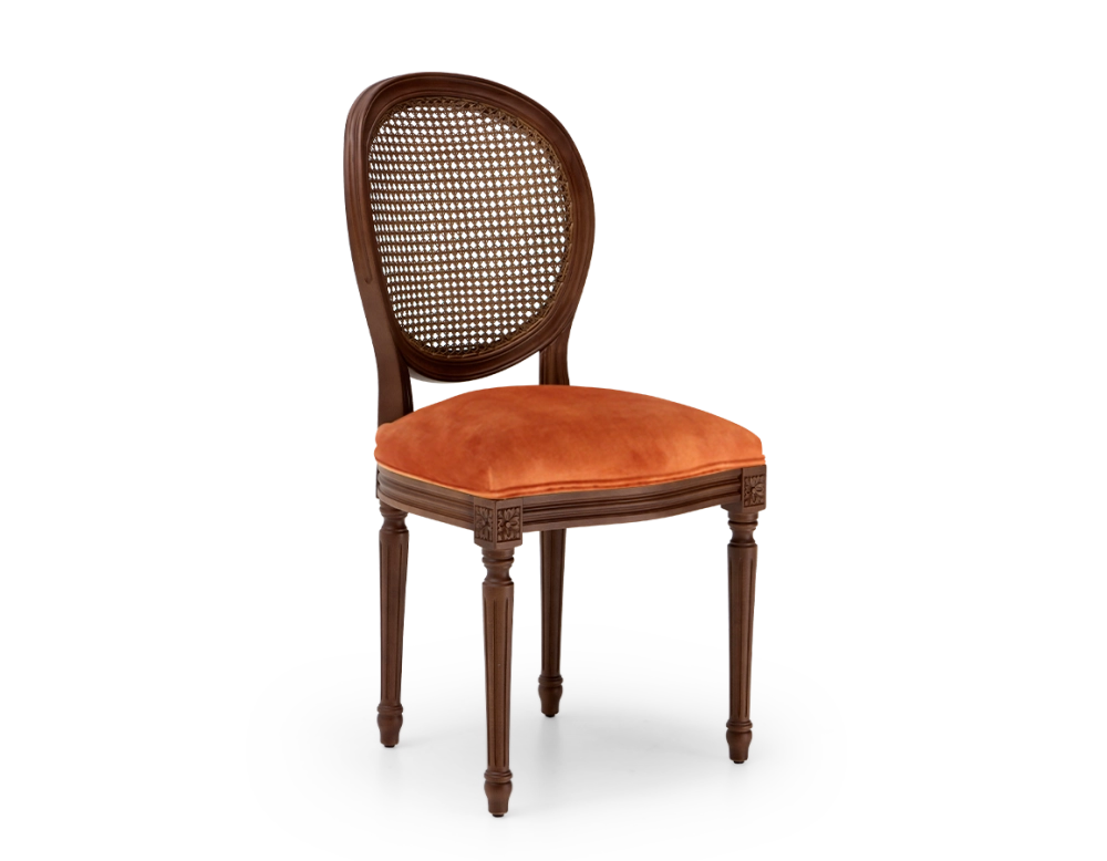 Louis XVI style antique chair dark brown stained wood with cane backrest and terracotta velvet seat. Louis XVI style antique chair dark brown stained wood with cane backrest and terracotta velvet seat.