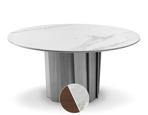 Table salle à manger ronde en chêne et céramique 6 à 8 personnes avec bois teinte marron foncé et plateau céramique effet marbre blanc 120 cm