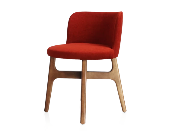 Chaise design bois teinte merisier assise tissu orange brulé