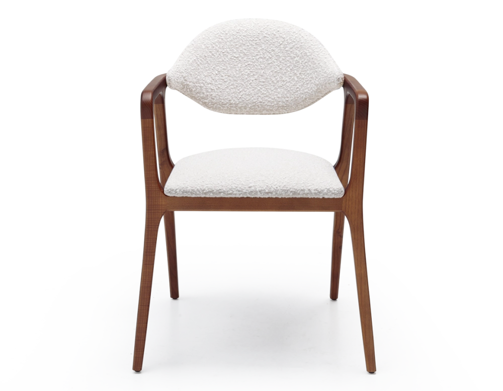 Designer armchair cherry wood stain and white bouclé fabric Designer armchair cherry wood stain and white bouclé fabric
