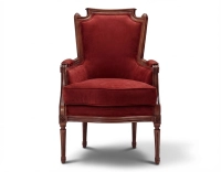 Fauteuil bergère style Louis XVI bois teinte ancienne et tissu bordeaux