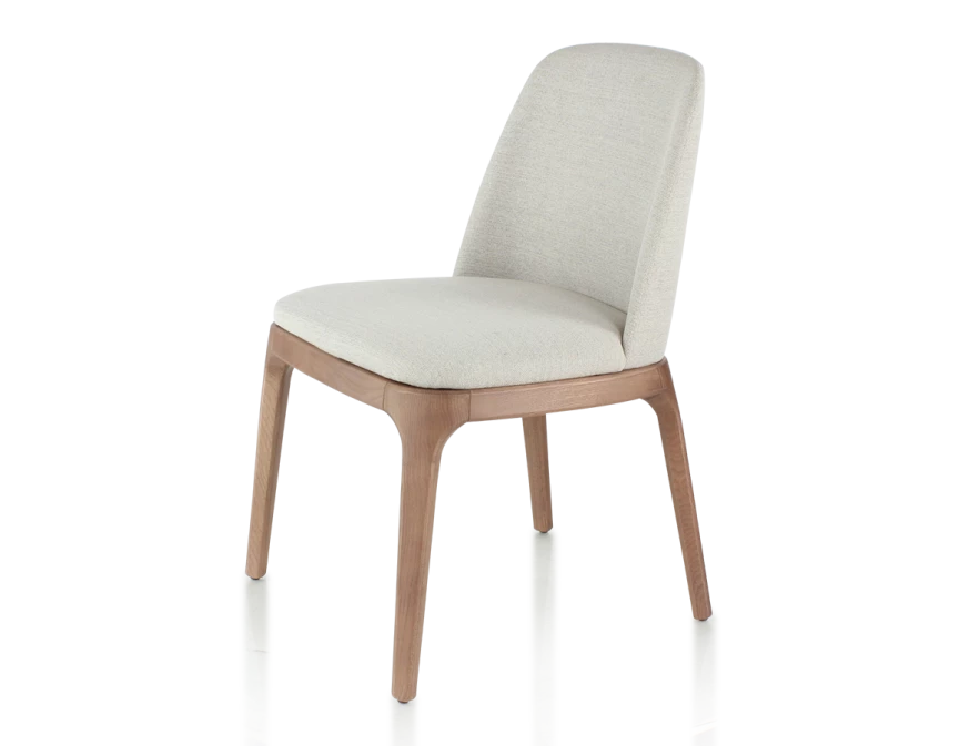 Chaise design bois teinte noyer et tissu beige naturel