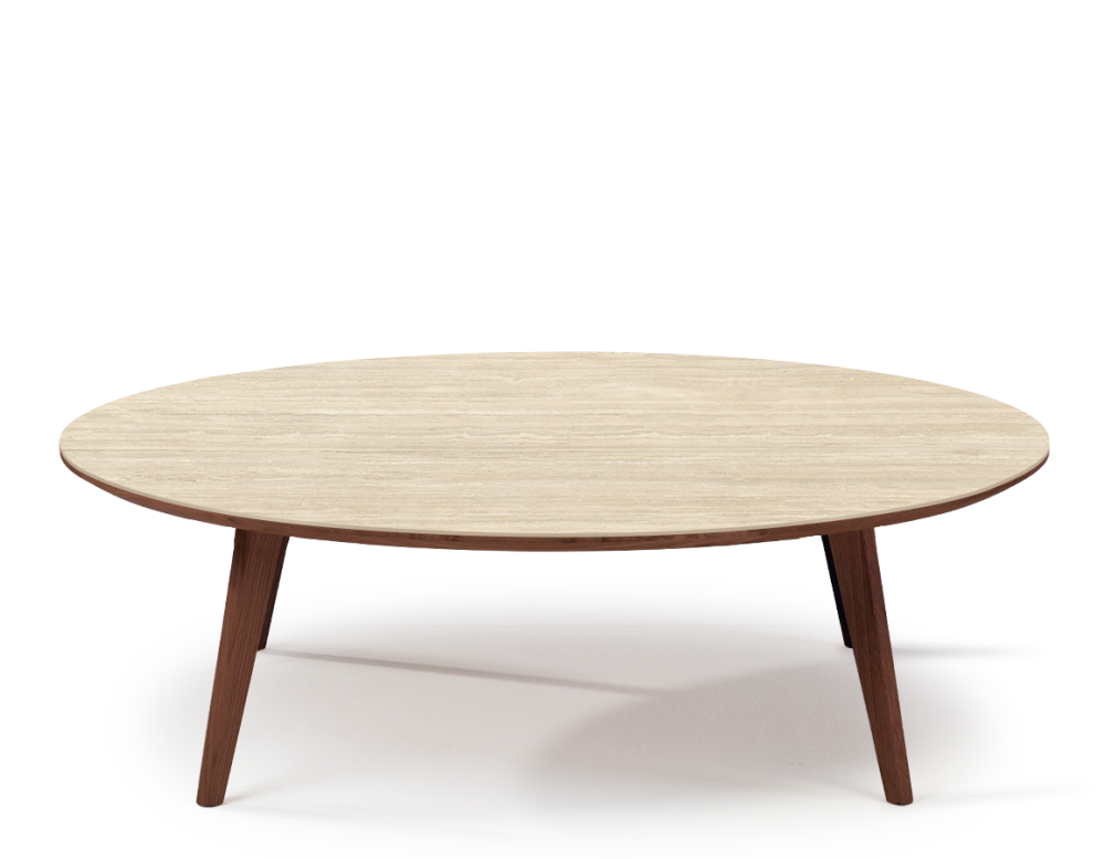 Round coffee table F1 in oak and ceramic dark brown stained wood with ceramic top in travertine stone effect. 110x110x40 cm