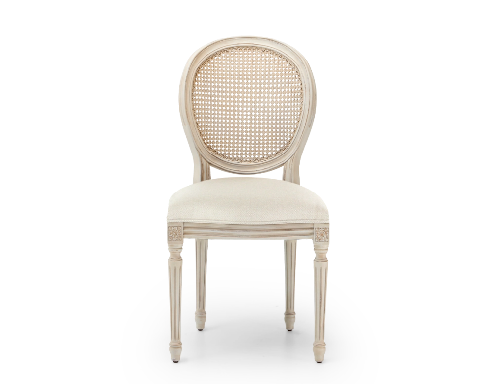 Louis XVI style antique chair wood with white cerused finish, caned backrest, and beige chevron fabric seat. Louis XVI style antique chair wood with white cerused finish, caned backrest, and beige chevron fabric seat.