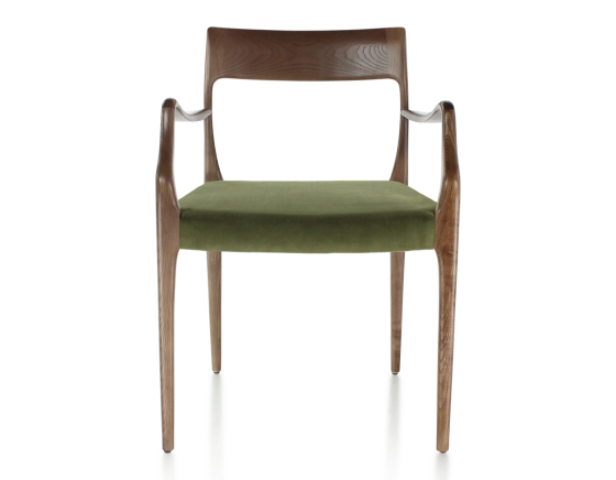 Scandinavian armchair with armrests dark brown stained wood, olive green fabric seat