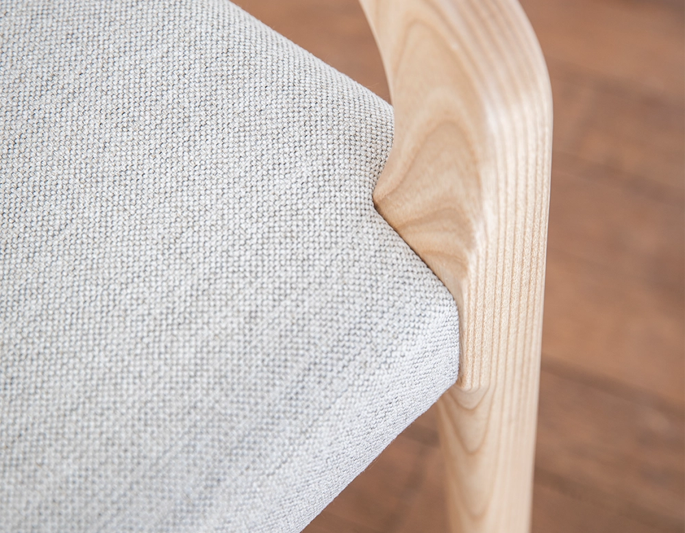 Scandinavian armchair with armrests natural stained wood seat natural beige fabric Scandinavian armchair with armrests natural stained wood seat natural beige fabric