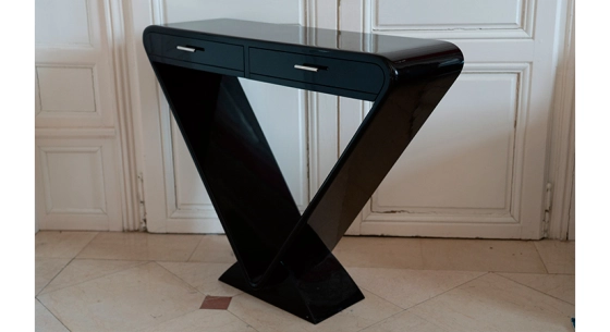 Console art déco double tiroirs bois teinte noire laquée