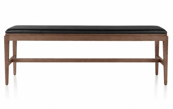 Bench design wood and fabric or leather bois teinte foncée assise cuir noir L120 cm
