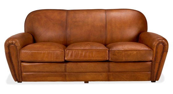 Canapé club cuir 3 places marron clair accoudoirs cloutés