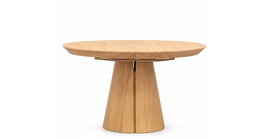 Table ronde extensible 4 à 8 personnes en chêne rustique avec plateau et allonges bois teinte naturelle 130x130 cm