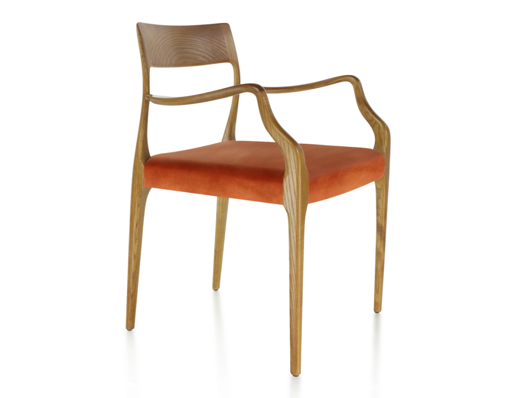 Scandinavian armchair with armrests cherry-stained wood, terracotta velvet seat Scandinavian armchair with armrests cherry-stained wood, terracotta velvet seat