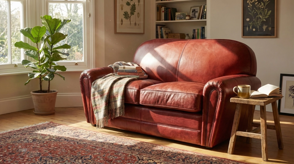 Canapé club cuir 2 places rouge carmin accoudoirs cloutés