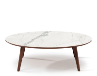 Round coffee table F1 in oak and ceramic dark brown stained wood with a white marble-effect ceramic top m1. 120x120x40 cm