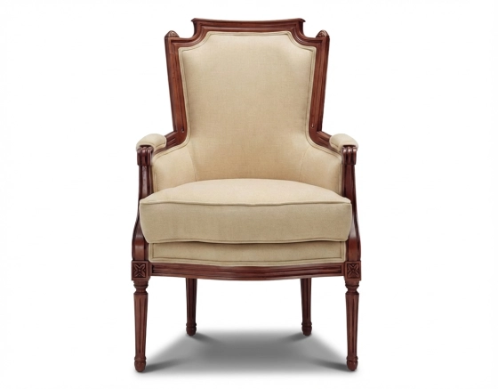 Sillón bergère estilo Luis XVI madera con tinte envejecido y tejido crema