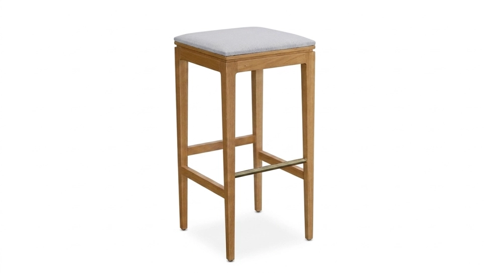 Design bar stool H80 cm natural wood finish with beige fabric seat