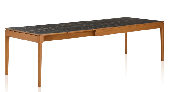 Table extensible en chêne teinte merisier et céramique effet marbre noir 140x90 cm allonges céramique