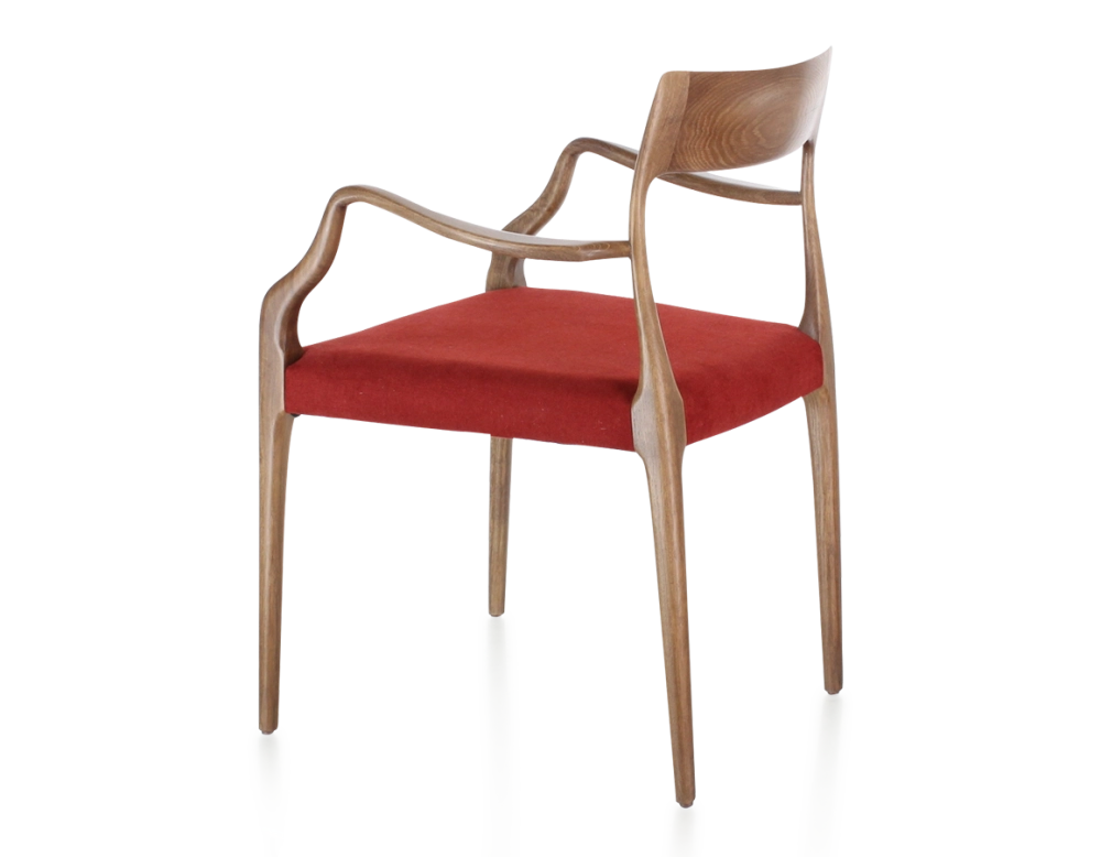 Chaise scandinave avec accoudoirs bois teinte noyer assise tissu bordeaux Chaise scandinave avec accoudoirs bois teinte noyer assise tissu bordeaux