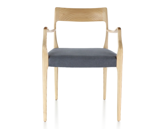 Scandinavian armchair with armrests natural tint wood, grey fabric seat