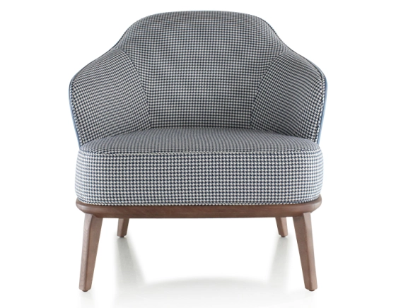 Designer armchair blue storm leather and blue and white houndstooth fabric