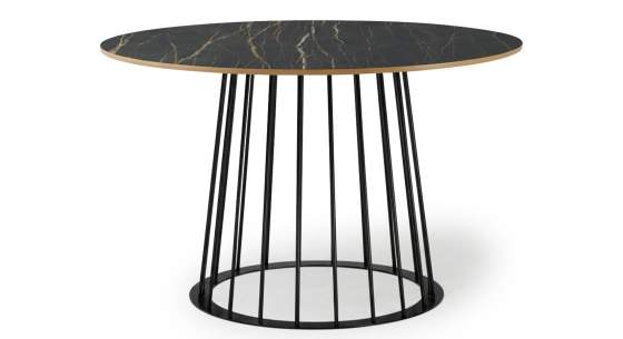 Round dining table in oak and ceramic. black metal base and black marble-effect ceramic top m2 120x120