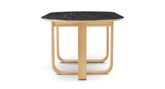 10 person oak and ceramic dining table with natural stained wood and black marble effect ceramic top 250x100 cm