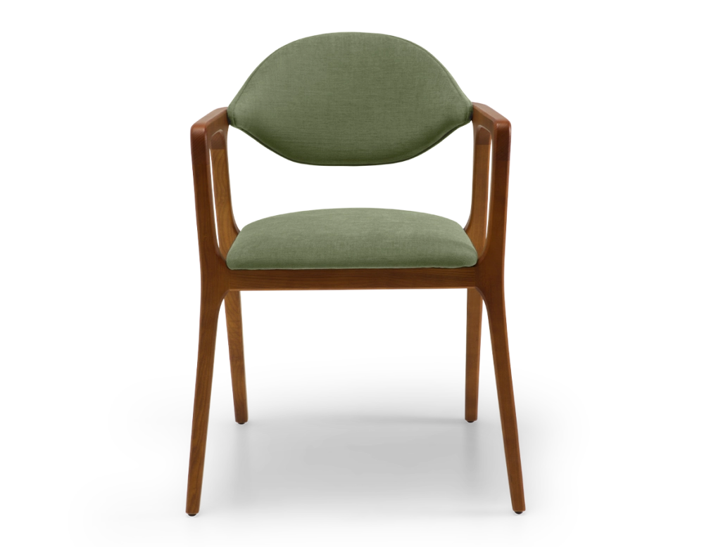 Designer armchair cherry wood stain and green fabric Designer armchair cherry wood stain and green fabric