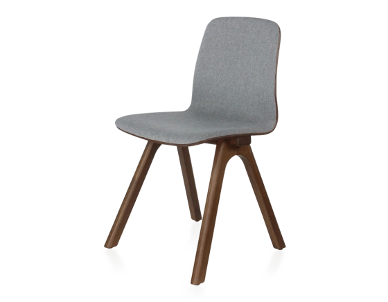 Upholstered oak designer chair dark brown stained wood, light grey fabric seat
