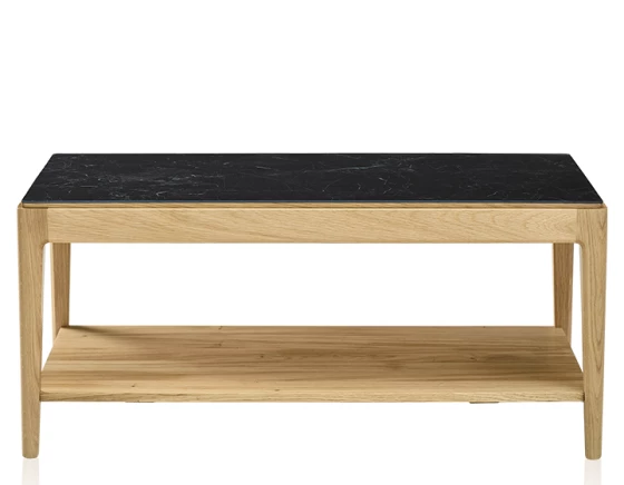 Table basse rectangulaire en chêne naturel et céramique effet ardoise avec tablette 100x50 cm