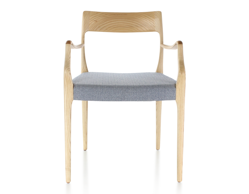 Scandinavian armchair with armrests natural stained wood, blue chevron fabric seat Scandinavian armchair with armrests natural stained wood, blue chevron fabric seat